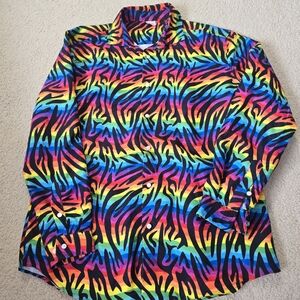 Colorful Mens Large Vibrant Zebra Print Button-Up Shirt